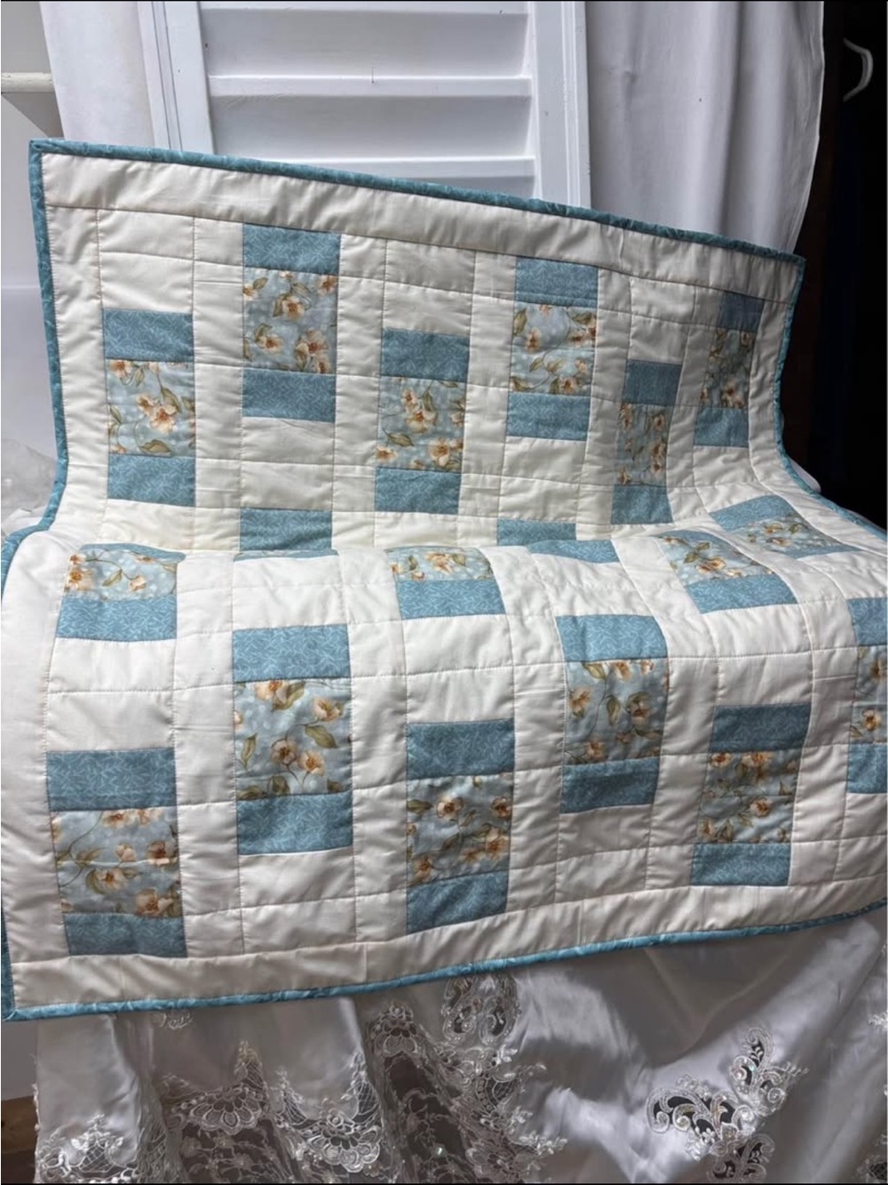 Quilted Patchwork in Cream and Light Teal